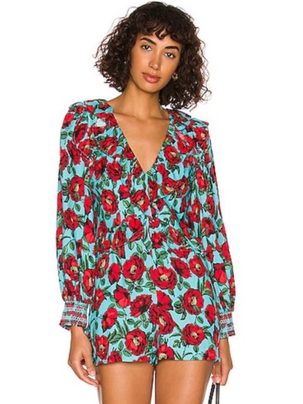 Alice + Olivia Red Floral V-Neck Long Sleeve Romper on Aqua